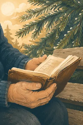 Weathered Hands Holding Bible Near Evergreens