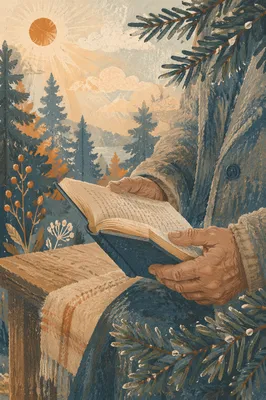 Weathered Hands Holding Bible by Evergreens