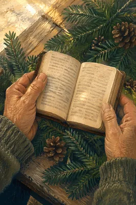 Weathered Hands Holding Bible Among Evergreens