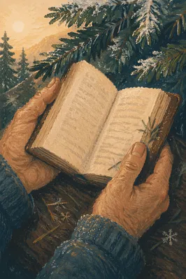 Weathered Hands Holding Bible in Evergreens