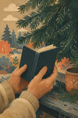 Weathered Hands Holding Bible in Evergreens
