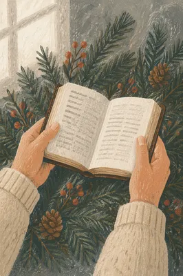 Hands Holding Bible on Evergreen Branches