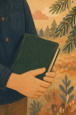 Hands Holding Green Bible Near Evergreens