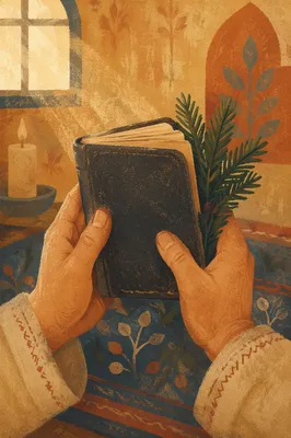 Hands Holding Bible With Evergreen Sprigs