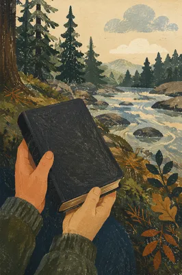 Hands Holding Bible in Evergreen Woodland