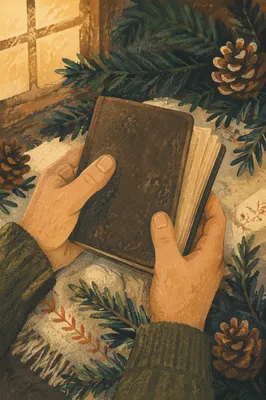 Hands Holding Bible on Evergreen Branches