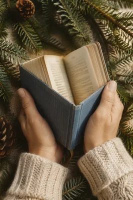 Hands Holding Bible Among Evergreen Branches