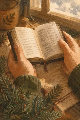 Hands Holding Bible Over Evergreen Branches