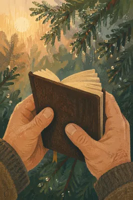 Weathered Hands Holding Bible Among Evergreens