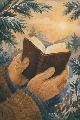 Weathered Hands Holding Bible Among Evergreens
