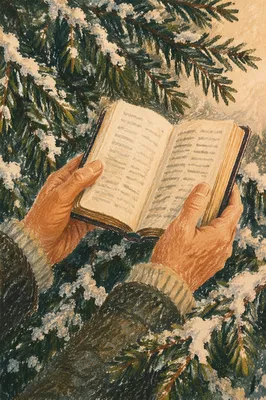 Weathered Hands Holding Bible in Snowy Evergreens