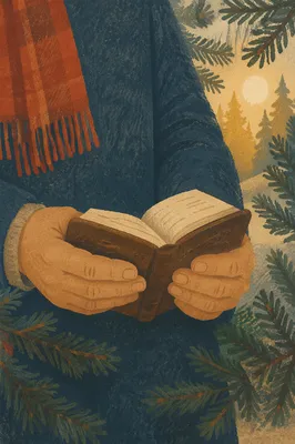 Weathered Hands Holding Bible in Evergreens