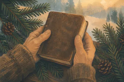 Weathered Hands Holding Bible Among Evergreens