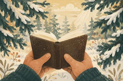 Weathered Hands Holding Bible in Winter Pines