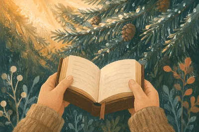 Hands Holding Bible Among Evergreen Branches