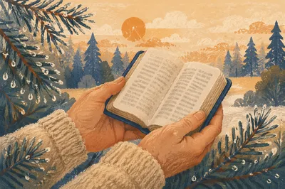 Weathered Hands Holding Bible Among Evergreens