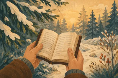 Weathered Hands Holding Bible in Evergreen Snow