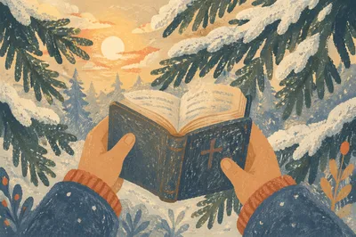 Hands Holding Bible Among Snowy Evergreens