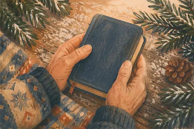 Weathered Hands Holding Bible Among Evergreens