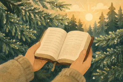 Hands Holding Bible Among Evergreen Branches
