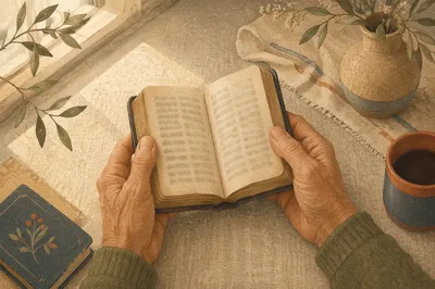 Elderly Hands Holding Worn Bible