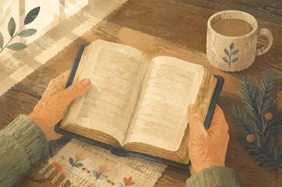 Hands Holding Bible with Evergreen Sprig
