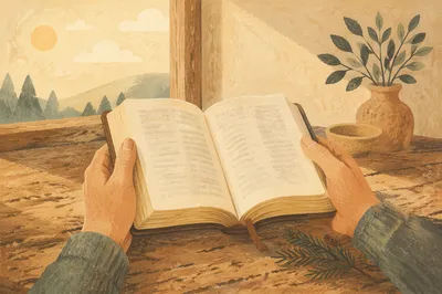 Hands Holding Open Bible with Evergreen