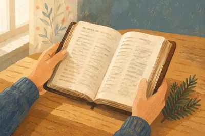 Hands Holding Open Bible with Evergreen