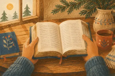 Hands Holding Open Bible by Window