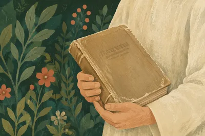 Hands Holding Worn Bible in Evergreen Garden