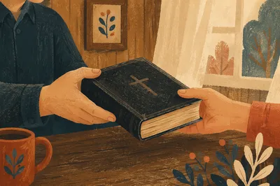 Hands Gently Passing a Worn Bible
