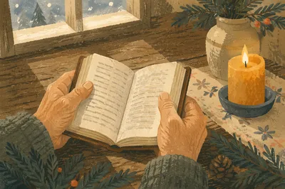 Weathered Hands Holding Bible with Evergreen