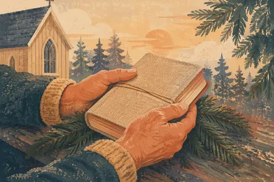 Weathered Hands Holding Bible with Evergreen