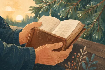 Weathered Hands Holding Bible by Evergreens