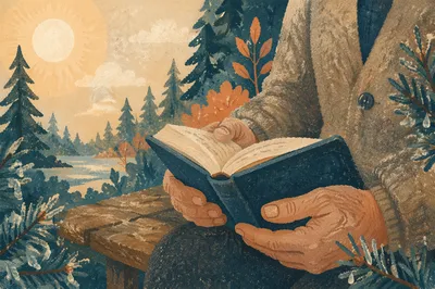 Weathered Hands Holding Bible by Evergreens