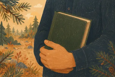 Hands Holding Green Bible Near Evergreens
