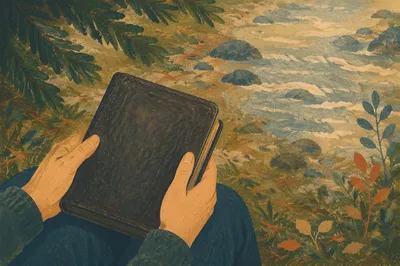 Hands Holding Bible in Evergreen Woodland