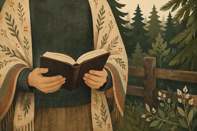 Hands Holding Bible in Evergreen Woodland
