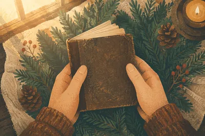 Hands Holding Bible Among Evergreen Branches