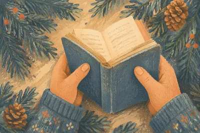 Hands Holding Bible Among Evergreen Branches