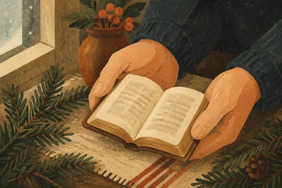 Hands Holding Bible Over Evergreen Branches