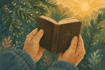 Weathered Hands Holding Bible Among Evergreens