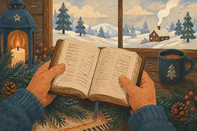 Weathered Hands Holding Bible Among Evergreens