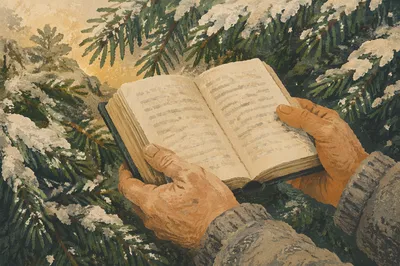 Weathered Hands Holding Bible in Snowy Pines
