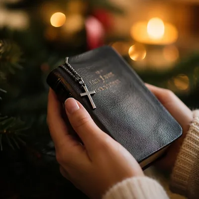 Hands Holding Bible with Cross Pendant