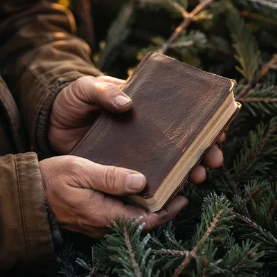 Weathered Hands Holding Bible Among Evergreens