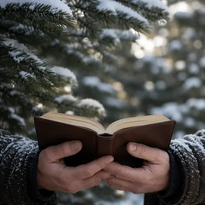 Weathered Hands Holding Bible in Snowy Evergreens