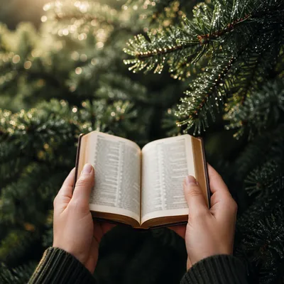 Calm Hands Holding Bible Among Evergreens