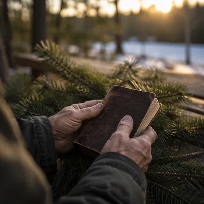 Weathered Hands Holding Bible Among Evergreens