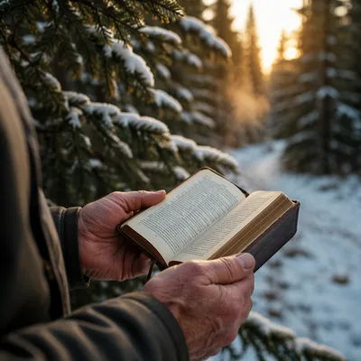 Weathered Hands Holding Bible in Winter Pines